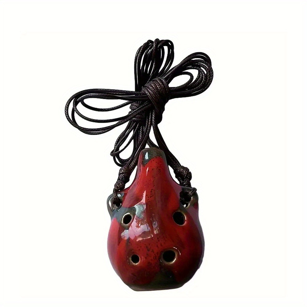 Portable ceramic ocarina flute with 6 holes, adjustable necklace, clear tone, and vibrant colors, perfect for beginners.