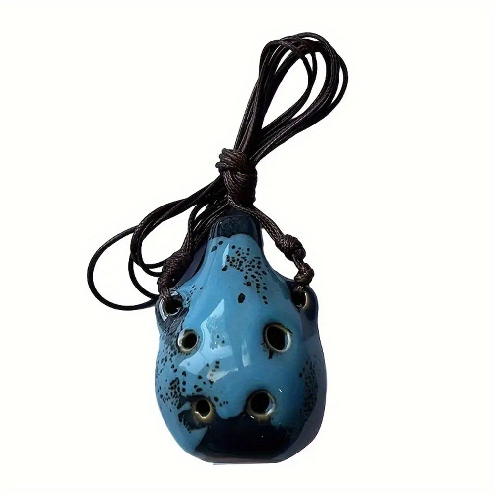 Portable ceramic ocarina flute with 6 holes, adjustable necklace, clear tone, and vibrant colors, perfect for beginners.