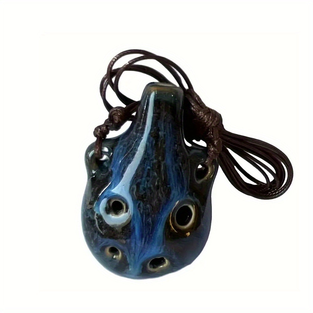 Portable ceramic ocarina flute with 6 holes, adjustable necklace, clear tone, and vibrant colors, perfect for beginners.