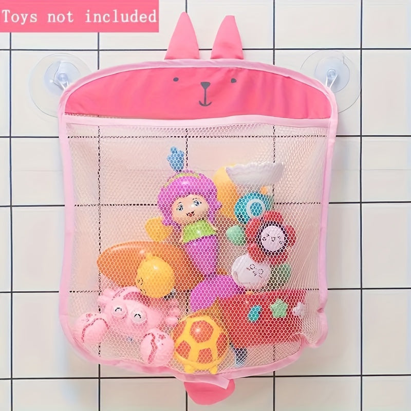 Cartoon animal design mesh bath toy organizer with wall-mount for easy toy organization in the bathroom.