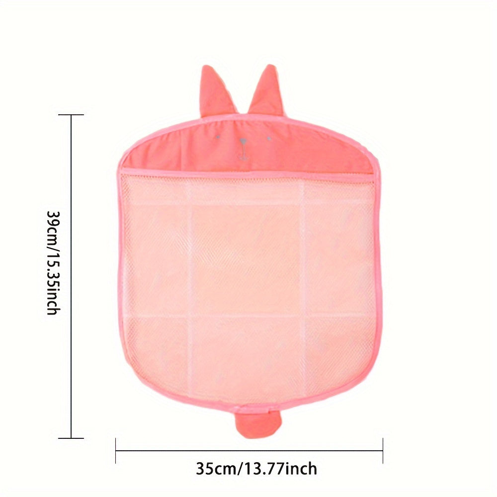 Cartoon animal design mesh bath toy organizer with wall-mount for easy toy organization in the bathroom.