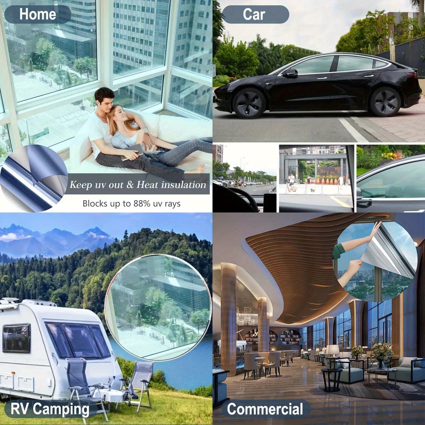 40.01 x 200.0 cm one-way mirror privacy film for offices, RVs, and homes. Provides heat control, UV protection, and increased privacy and comfort. Made of plastic material.