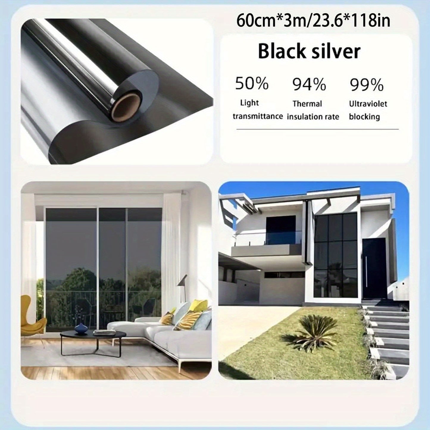 40.01 x 200.0 cm one-way mirror privacy film for offices, RVs, and homes. Provides heat control, UV protection, and increased privacy and comfort. Made of plastic material.