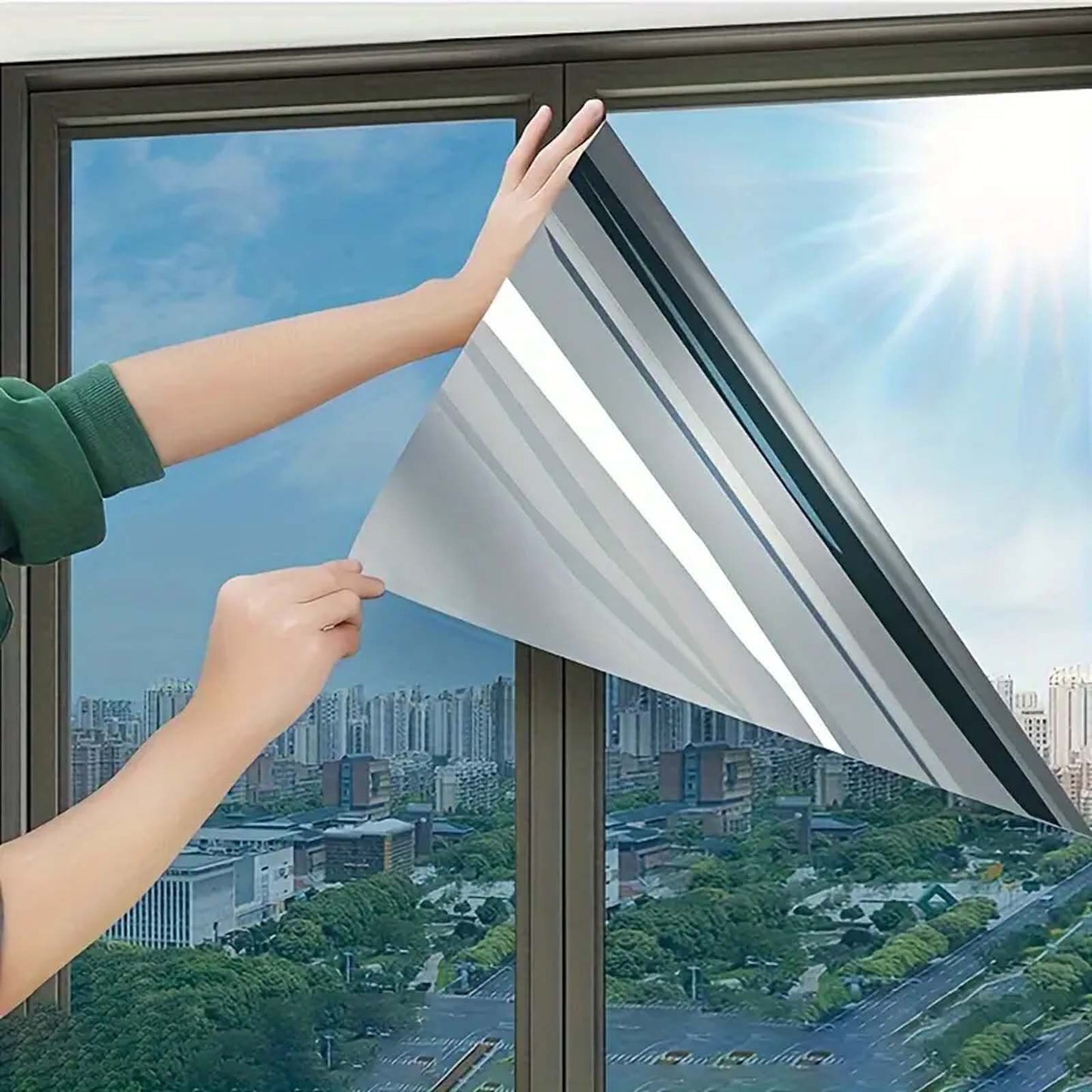 40.01 x 200.0 cm one-way mirror privacy film for offices, RVs, and homes. Provides heat control, UV protection, and increased privacy and comfort. Made of plastic material.