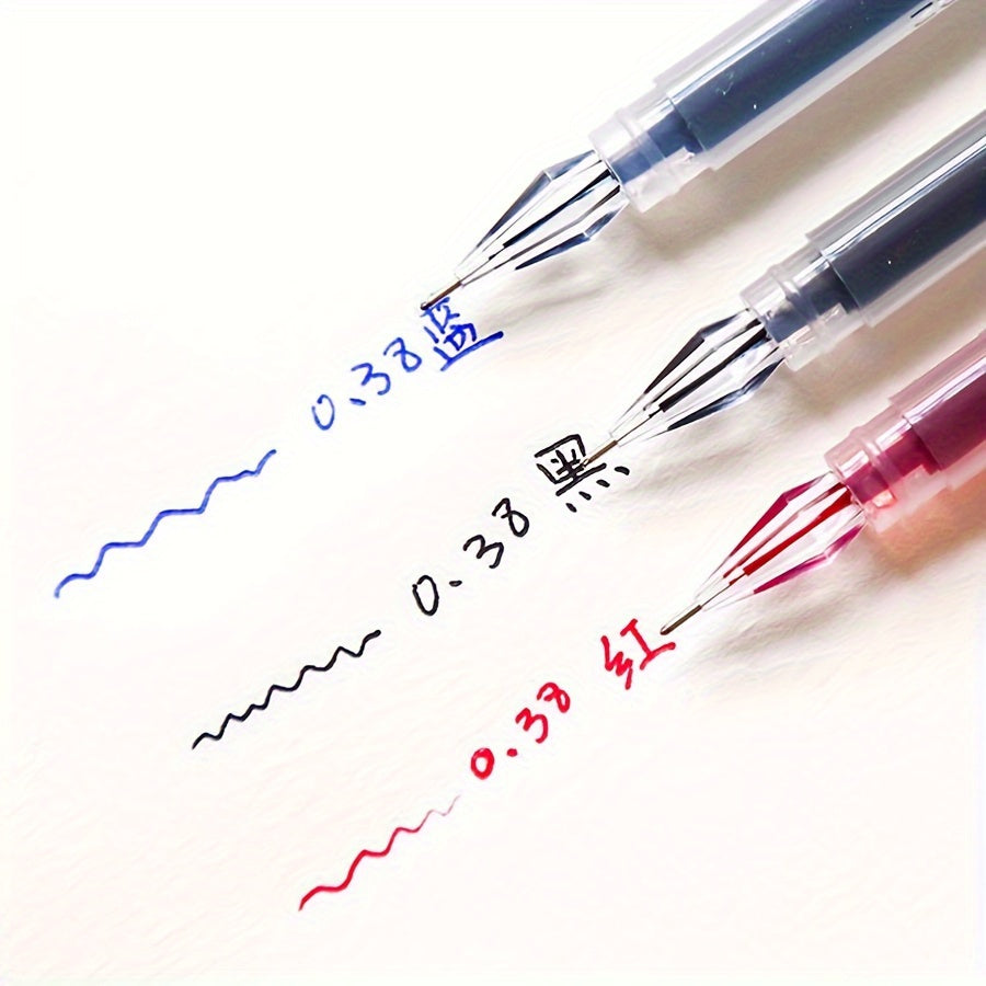 Three fast drying ink pens in Black, Blue, and Red with 0.38mm fine tip - ideal for exams and office use.