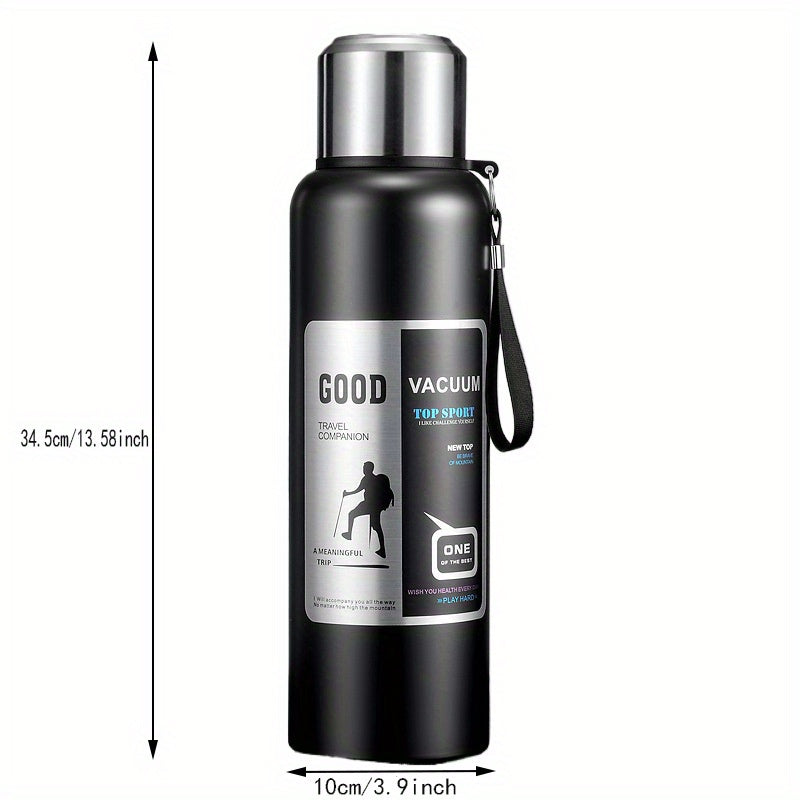 Large capacity stainless steel water bottle with handle, leak-proof, reusable, hand wash only, travel-friendly, no electricity needed, includes lid. Ideal for outdoor sports.