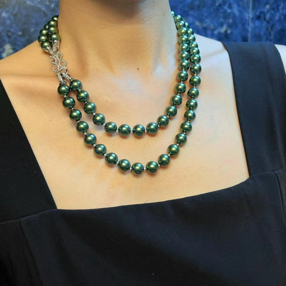 Luxurious Peacock Green Shell Pearl Necklace, featuring a Double-Strand design with Imitation Tahitian Pearls. This Elegant piece is perfect for both Daily wear and Special Party occasions. A versatile Christmas All-Season accessory, this necklace can