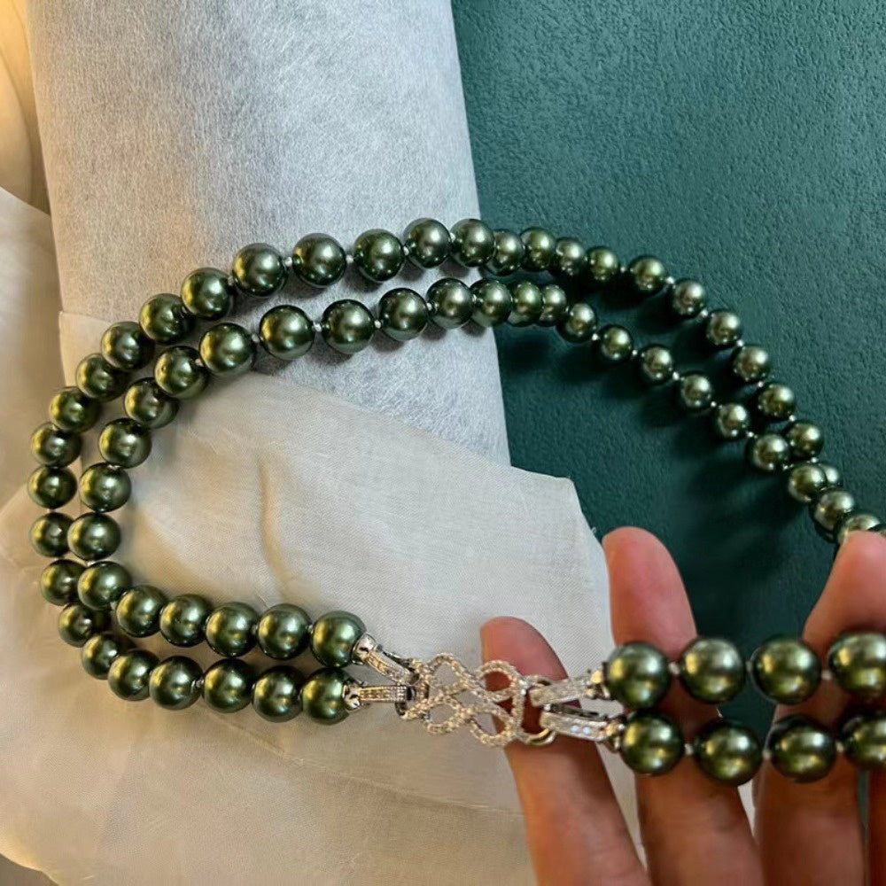 Luxurious Peacock Green Shell Pearl Necklace, featuring a Double-Strand design with Imitation Tahitian Pearls. This Elegant piece is perfect for both Daily wear and Special Party occasions. A versatile Christmas All-Season accessory, this necklace can