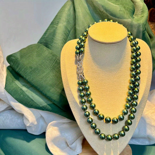 Luxurious Peacock Green Shell Pearl Necklace, featuring a Double-Strand design with Imitation Tahitian Pearls. This Elegant piece is perfect for both Daily wear and Special Party occasions. A versatile Christmas All-Season accessory, this necklace can