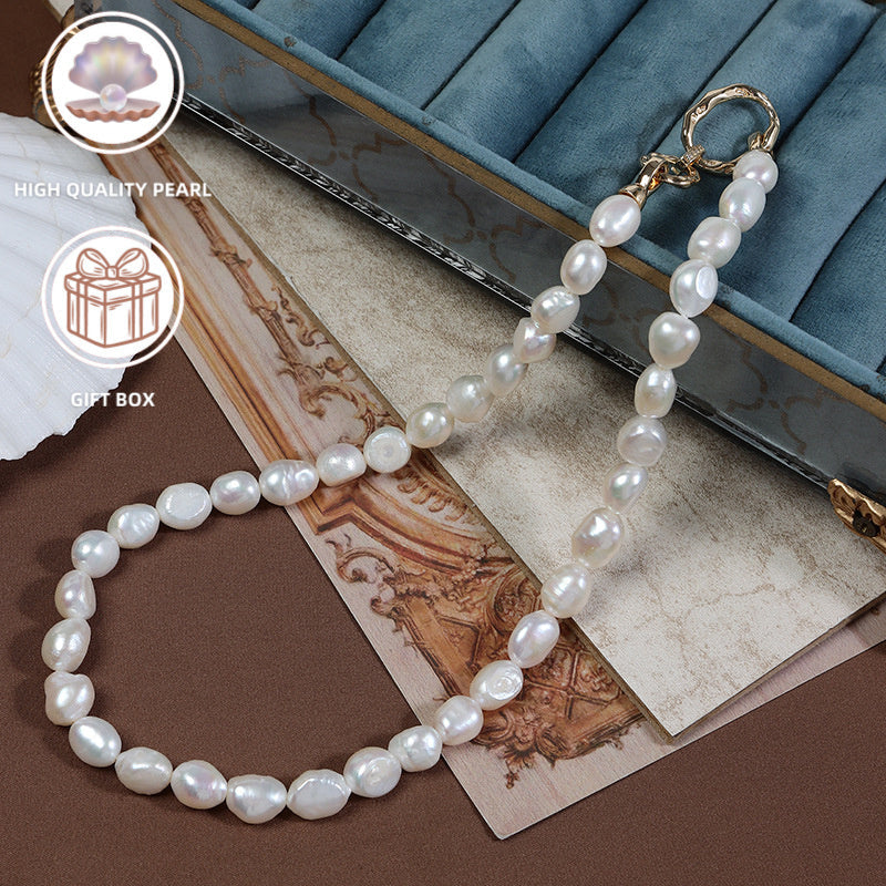 Vintage-Inspired Chic Collarbone Chain with Baroque Fishtail Design - Elegant Freshwater Pearl Necklace, Sterling Silver Clasp, Perfect for Spring Season, Ideal for Women