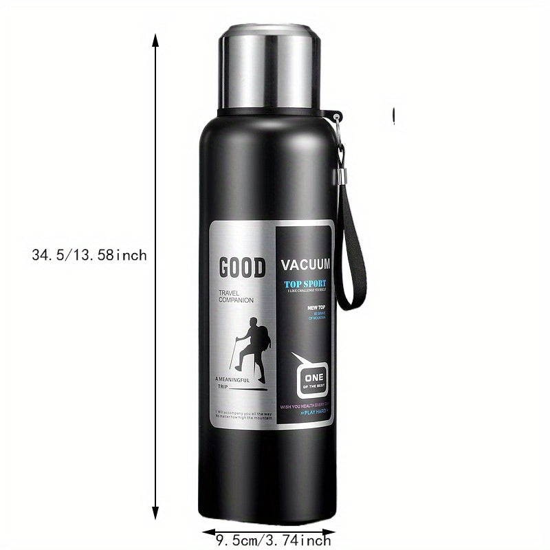 Large capacity stainless steel water bottle with handle, leak-proof, reusable, hand wash only, travel-friendly, no electricity needed, includes lid. Ideal for outdoor sports.