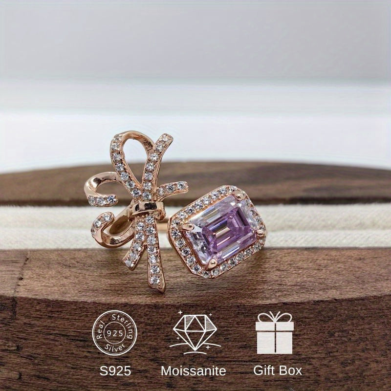 Beautiful 2 Carat Purple Emerald Cut Bow Ring - Made with 925 Sterling Silver, Ideal for a Special Engagement or Wedding Band for Women