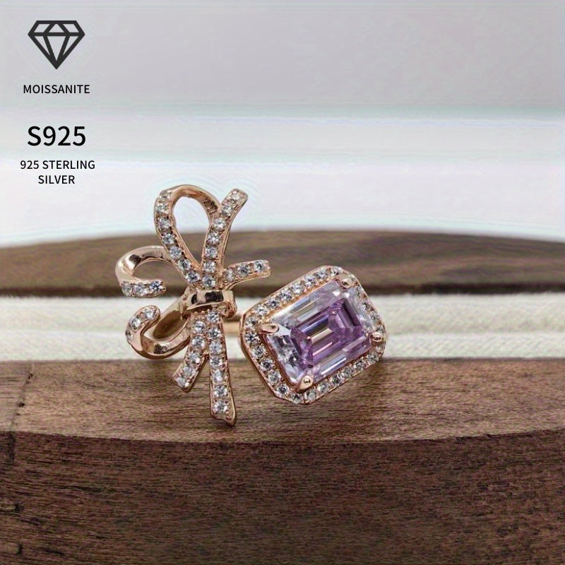 Beautiful 2 Carat Purple Emerald Cut Bow Ring - Made with 925 Sterling Silver, Ideal for a Special Engagement or Wedding Band for Women