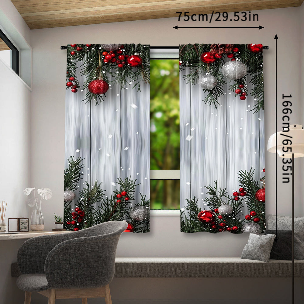 Christmas-themed curtain set includes two pieces featuring a festive Christmas tree and ball print. Made of polyester with a rod pocket design, these curtains are ideal for decorating the living room, kitchen, bedroom, and dining area.