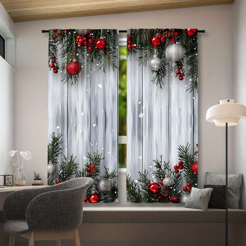 Christmas-themed curtain set includes two pieces featuring a festive Christmas tree and ball print. Made of polyester with a rod pocket design, these curtains are ideal for decorating the living room, kitchen, bedroom, and dining area.