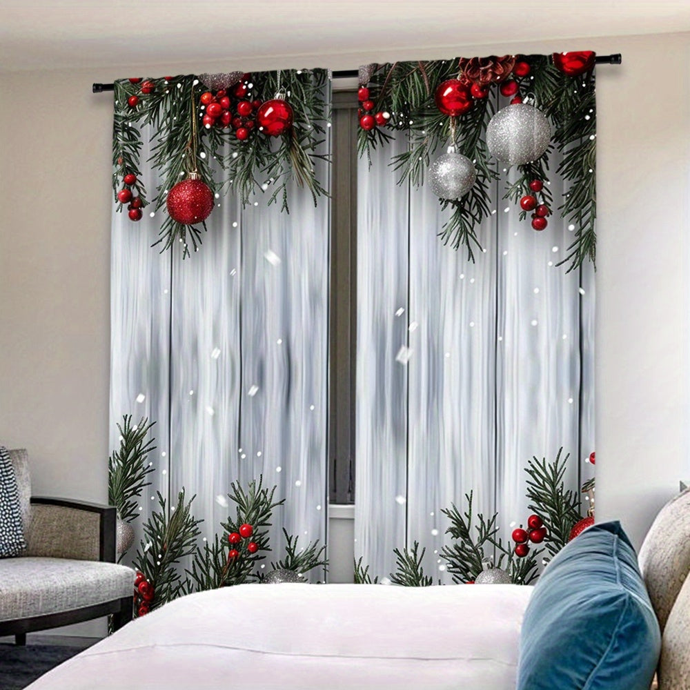 Christmas-themed curtain set includes two pieces featuring a festive Christmas tree and ball print. Made of polyester with a rod pocket design, these curtains are ideal for decorating the living room, kitchen, bedroom, and dining area.