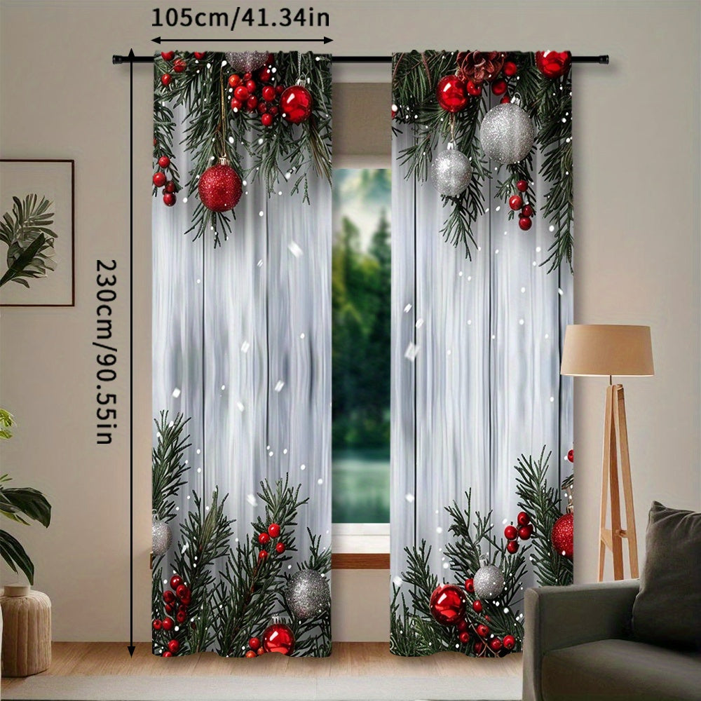 Christmas-themed curtain set includes two pieces featuring a festive Christmas tree and ball print. Made of polyester with a rod pocket design, these curtains are ideal for decorating the living room, kitchen, bedroom, and dining area.