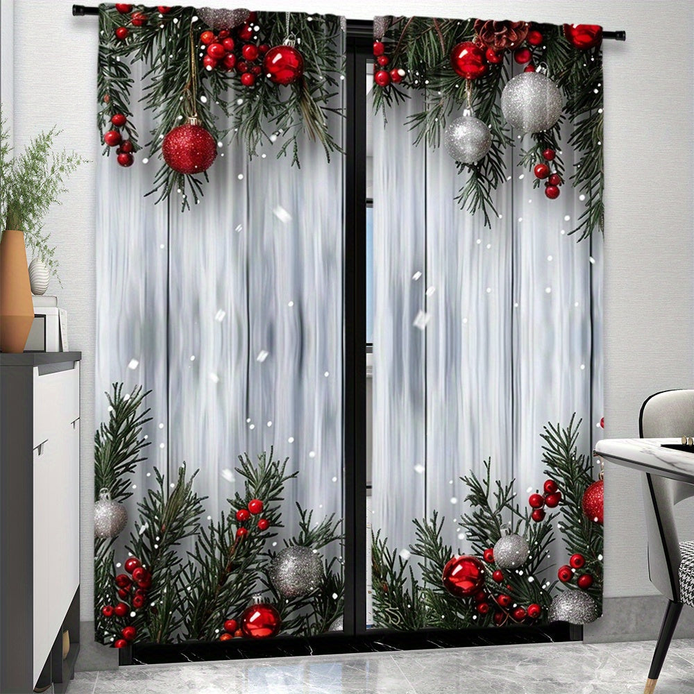 Christmas-themed curtain set includes two pieces featuring a festive Christmas tree and ball print. Made of polyester with a rod pocket design, these curtains are ideal for decorating the living room, kitchen, bedroom, and dining area.