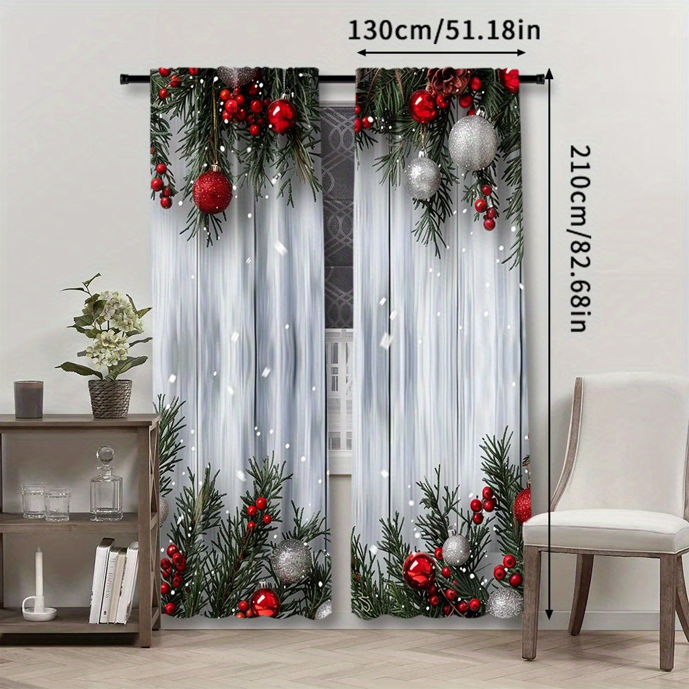 Christmas-themed curtain set includes two pieces featuring a festive Christmas tree and ball print. Made of polyester with a rod pocket design, these curtains are ideal for decorating the living room, kitchen, bedroom, and dining area.