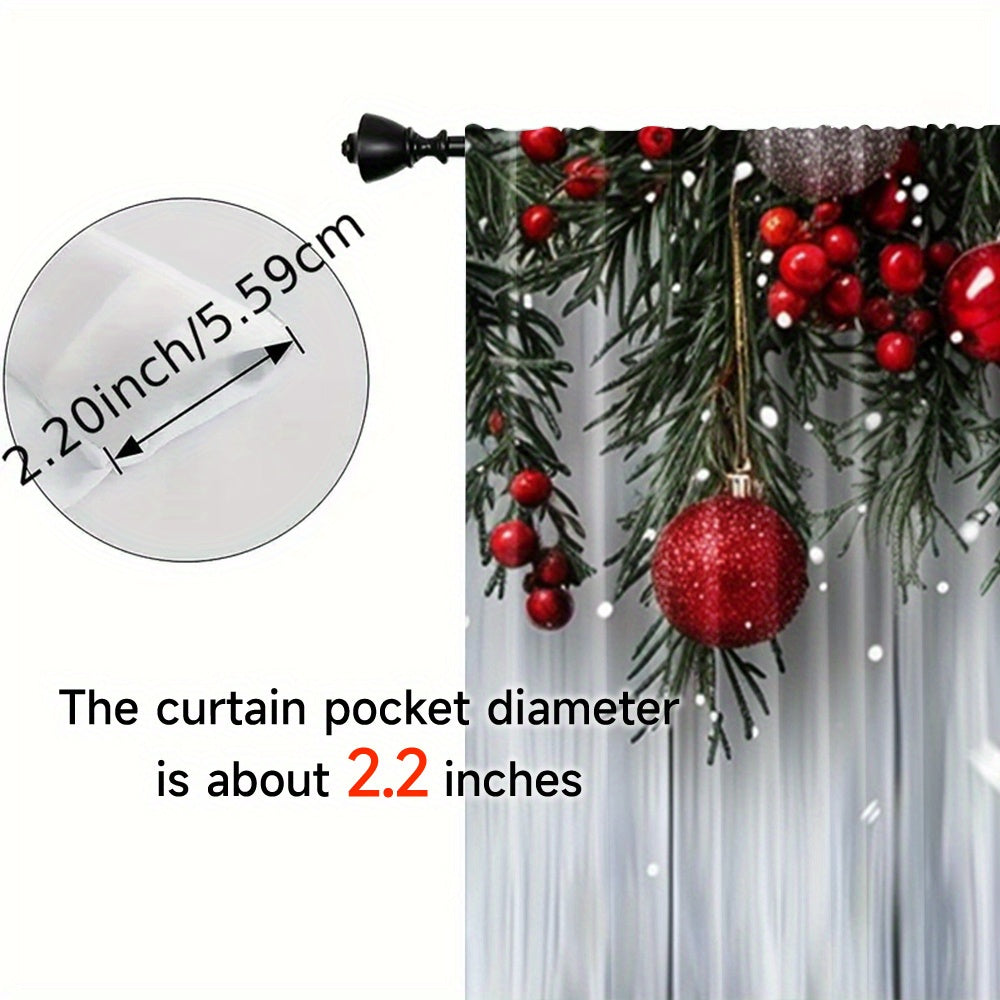 Christmas-themed curtain set includes two pieces featuring a festive Christmas tree and ball print. Made of polyester with a rod pocket design, these curtains are ideal for decorating the living room, kitchen, bedroom, and dining area.