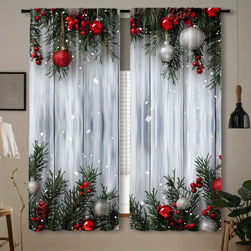 Christmas-themed curtain set includes two pieces featuring a festive Christmas tree and ball print. Made of polyester with a rod pocket design, these curtains are ideal for decorating the living room, kitchen, bedroom, and dining area.