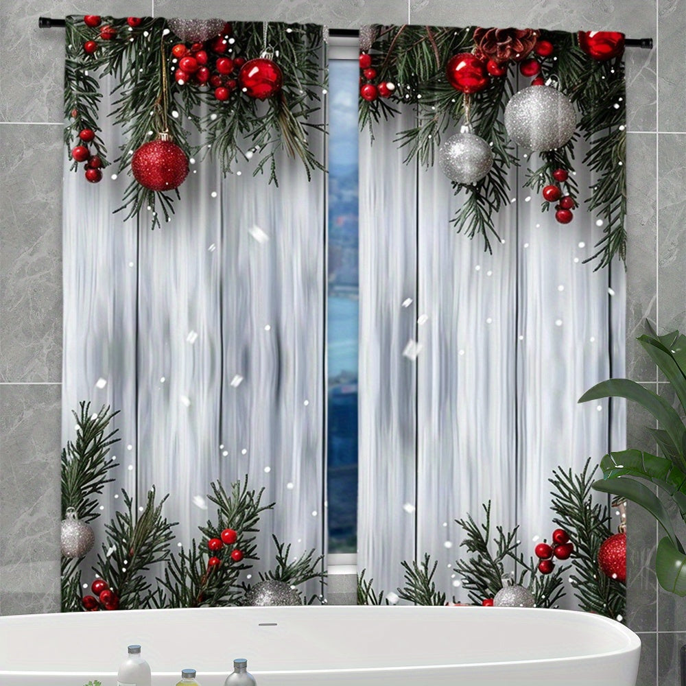 Christmas-themed curtain set includes two pieces featuring a festive Christmas tree and ball print. Made of polyester with a rod pocket design, these curtains are ideal for decorating the living room, kitchen, bedroom, and dining area.