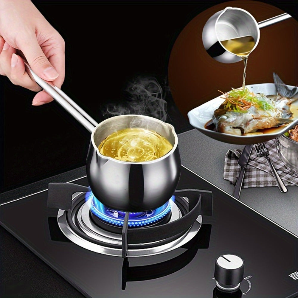 Durable Mini Stainless Steel Pot with Long Handle, Ideal for Heating or Pouring Oil/Milk, Versatile Cooking Tool for Indoor and Outdoor Use.