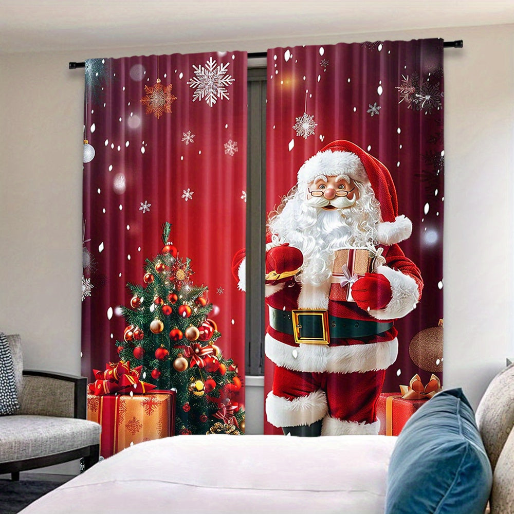 2 Panels of Santa Claus and Christmas Tree Print Rod Pocket Curtains made of Polyester Pongee Weave. They feature a Semi-Sheer Contemporary Design with Roller Embossed Drapes, perfect for Bedroom and Living Room Decor. These Curtains are Machine Washable