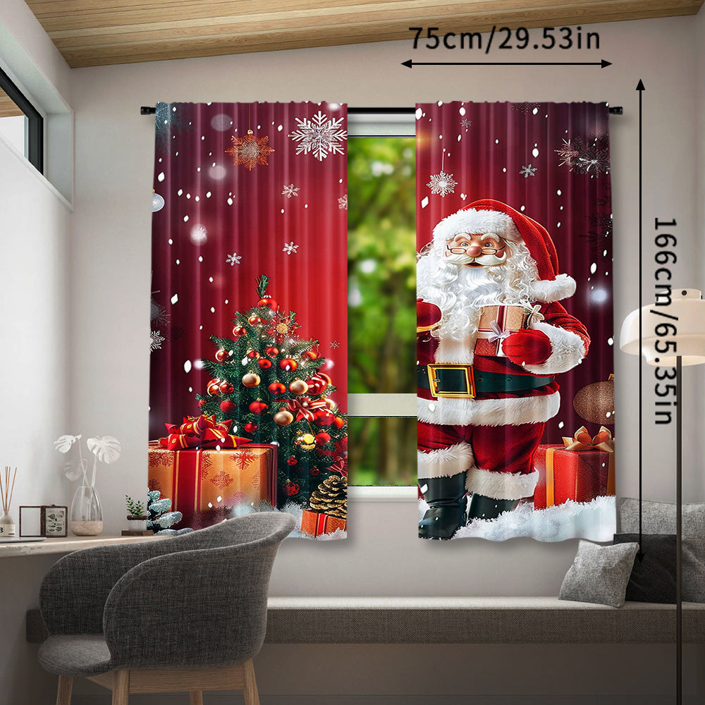 2 Panels of Santa Claus and Christmas Tree Print Rod Pocket Curtains made of Polyester Pongee Weave. They feature a Semi-Sheer Contemporary Design with Roller Embossed Drapes, perfect for Bedroom and Living Room Decor. These Curtains are Machine Washable