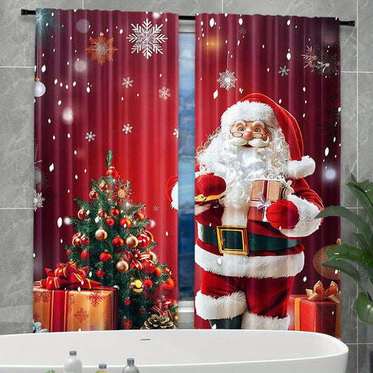 2 Panels of Santa Claus and Christmas Tree Print Rod Pocket Curtains made of Polyester Pongee Weave. They feature a Semi-Sheer Contemporary Design with Roller Embossed Drapes, perfect for Bedroom and Living Room Decor. These Curtains are Machine Washable