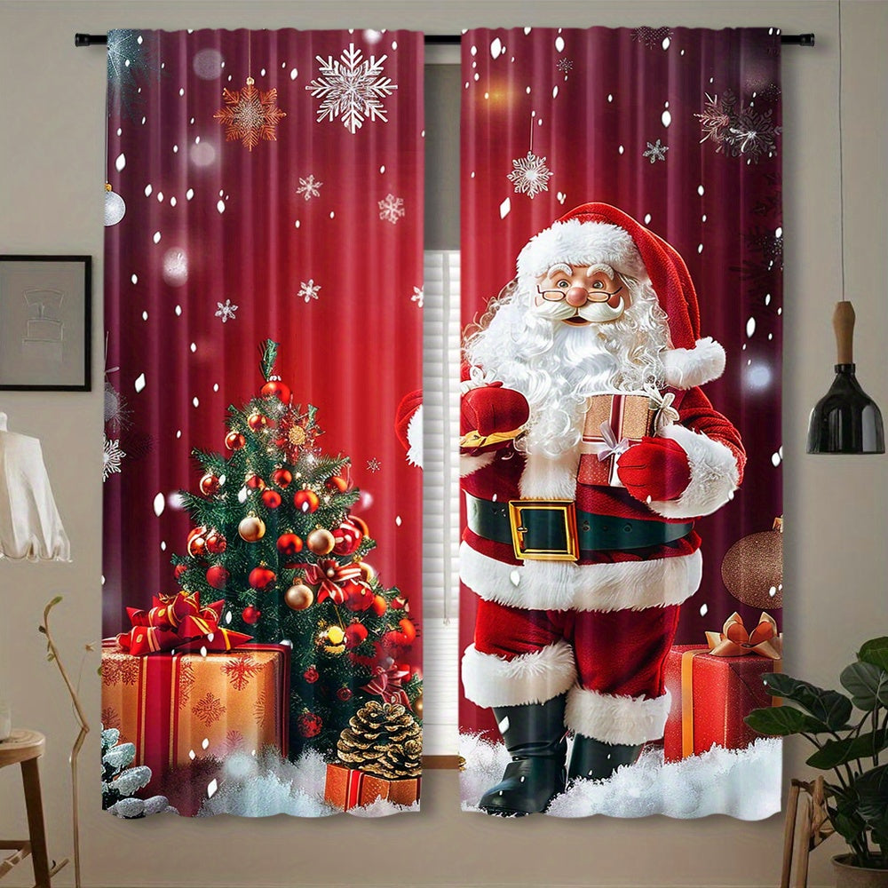 2 Panels of Santa Claus and Christmas Tree Print Rod Pocket Curtains made of Polyester Pongee Weave. They feature a Semi-Sheer Contemporary Design with Roller Embossed Drapes, perfect for Bedroom and Living Room Decor. These Curtains are Machine Washable