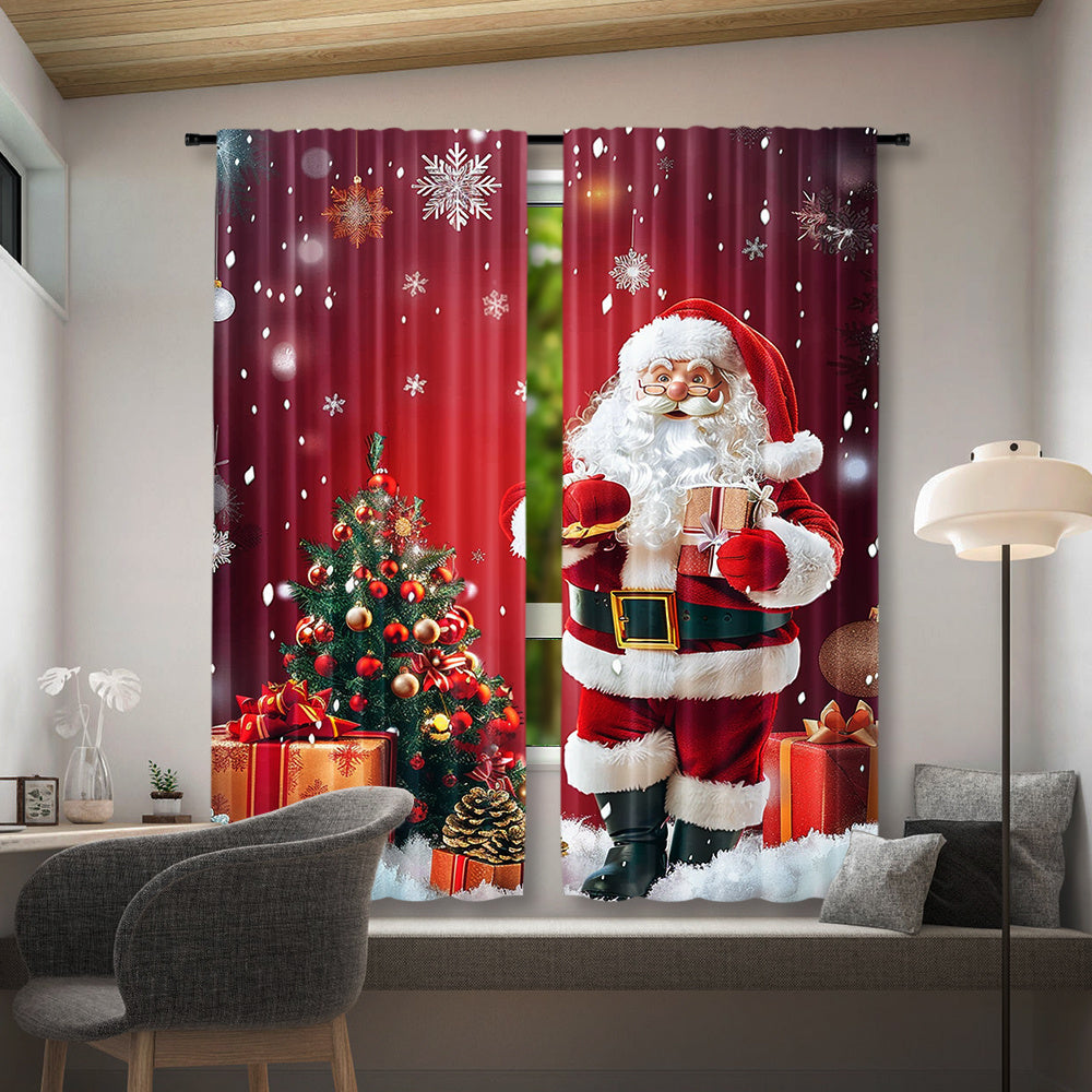 2 Panels of Santa Claus and Christmas Tree Print Rod Pocket Curtains made of Polyester Pongee Weave. They feature a Semi-Sheer Contemporary Design with Roller Embossed Drapes, perfect for Bedroom and Living Room Decor. These Curtains are Machine Washable