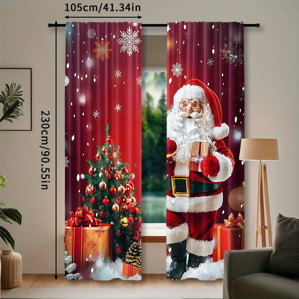 2 Panels of Santa Claus and Christmas Tree Print Rod Pocket Curtains made of Polyester Pongee Weave. They feature a Semi-Sheer Contemporary Design with Roller Embossed Drapes, perfect for Bedroom and Living Room Decor. These Curtains are Machine Washable