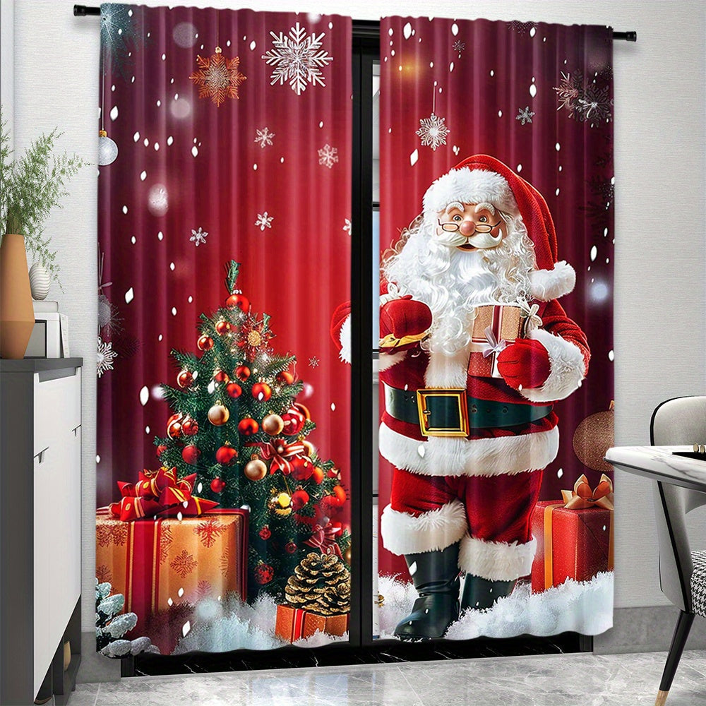 2 Panels of Santa Claus and Christmas Tree Print Rod Pocket Curtains made of Polyester Pongee Weave. They feature a Semi-Sheer Contemporary Design with Roller Embossed Drapes, perfect for Bedroom and Living Room Decor. These Curtains are Machine Washable