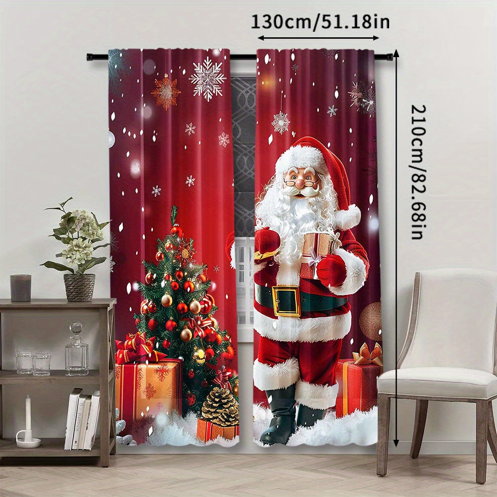 2 Panels of Santa Claus and Christmas Tree Print Rod Pocket Curtains made of Polyester Pongee Weave. They feature a Semi-Sheer Contemporary Design with Roller Embossed Drapes, perfect for Bedroom and Living Room Decor. These Curtains are Machine Washable