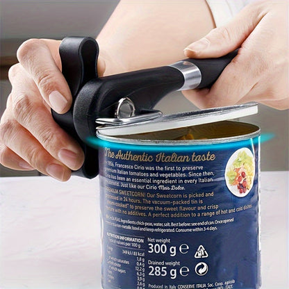 A manual can opener made of stainless steel, featuring a safety smooth edge, non-slip handle, and easy turn adjustable knob for effortless food preparation in the kitchen.