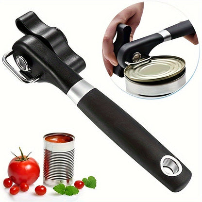 A manual can opener made of stainless steel, featuring a safety smooth edge, non-slip handle, and easy turn adjustable knob for effortless food preparation in the kitchen.