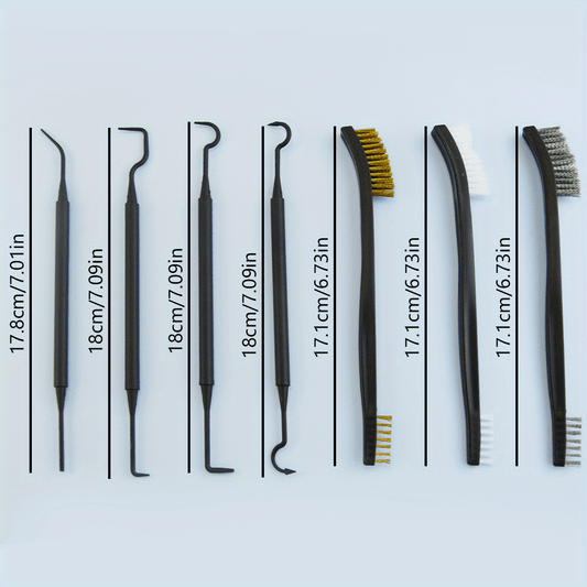 The set includes 7 pieces of cleaning brushes for spray guns, such as steel wire brushes, double-headed brushes, copper wire brushes, nylon gun brushes, polishing double-headed hooks, and specialized brushes for cleaning, removing dirt, and rust.