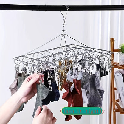 Sturdy Stainless Steel Clothes Drying Rack with Clips - Innovative Wind-Proof Design and Swivel Hook for Quick Sock & Underwear Drying, Versatile Multi-Clip Laundry Organizer for Home and Dorm, Ideal Clothes Hanger Solution