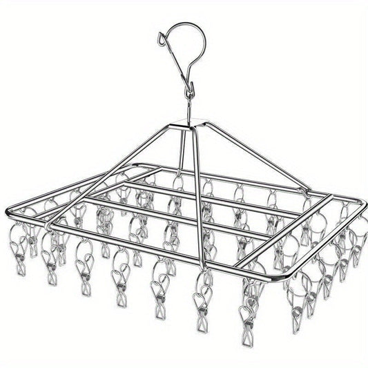 Sturdy Stainless Steel Clothes Drying Rack with Clips - Innovative Wind-Proof Design and Swivel Hook for Quick Sock & Underwear Drying, Versatile Multi-Clip Laundry Organizer for Home and Dorm, Ideal Clothes Hanger Solution