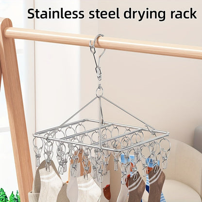 Sturdy Stainless Steel Clothes Drying Rack with Clips - Innovative Wind-Proof Design and Swivel Hook for Quick Sock & Underwear Drying, Versatile Multi-Clip Laundry Organizer for Home and Dorm, Ideal Clothes Hanger Solution