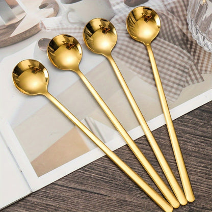 4-piece set of elegant long-handled stainless steel spoons in golden-tone, perfect for coffee, tea, and desserts. Ideal for Eid al-Adha Mubarak celebrations.