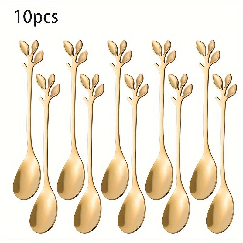 Set of 10 stainless steel leaf dessert spoons, ideal for weddings, parties, and kitchen use - safe for food consumption.