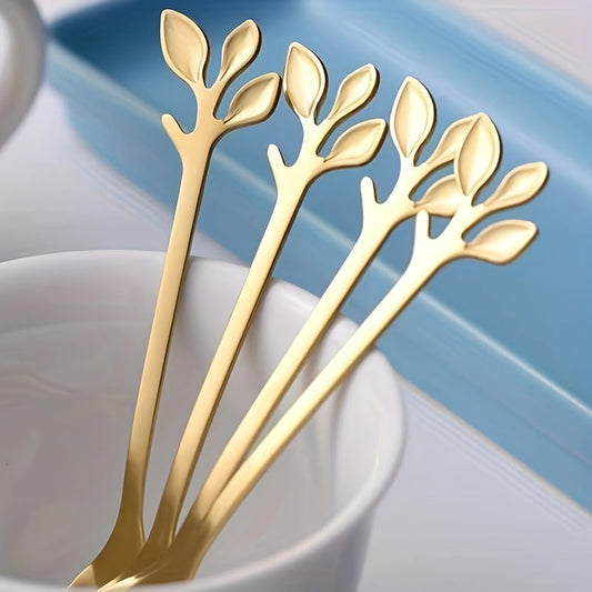 Set of 10 stainless steel leaf dessert spoons, ideal for weddings, parties, and kitchen use - safe for food consumption.