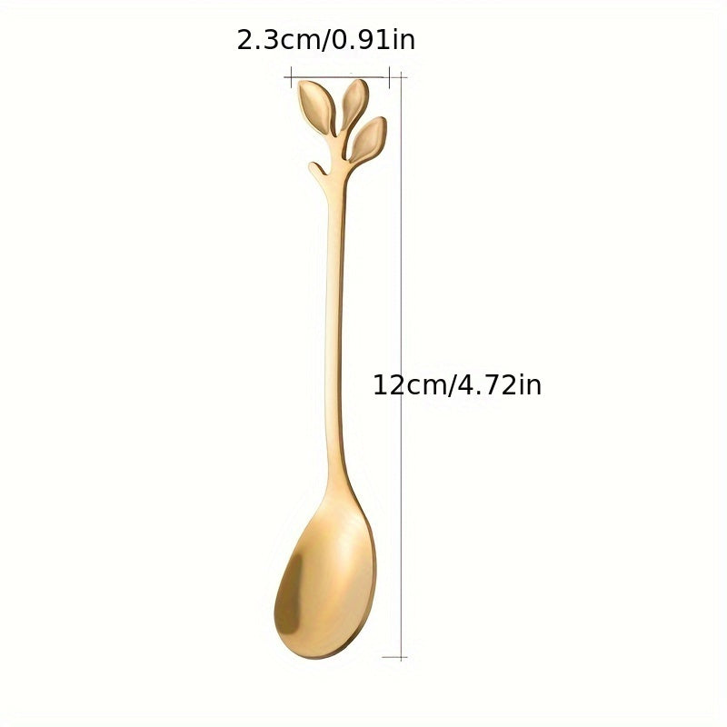 Set of 10 stainless steel leaf dessert spoons, ideal for weddings, parties, and kitchen use - safe for food consumption.