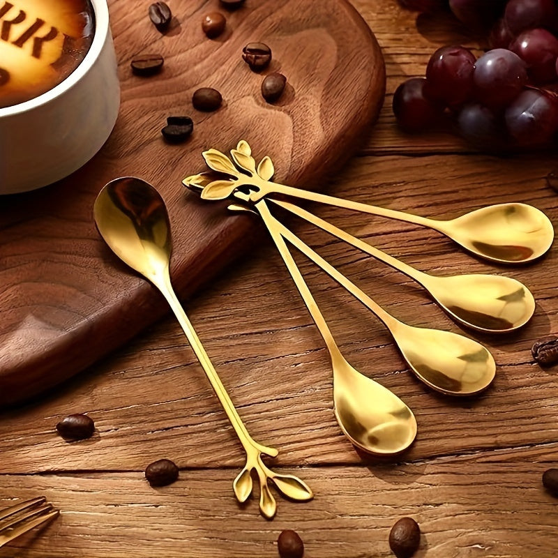 Set of 10 stainless steel leaf dessert spoons, ideal for weddings, parties, and kitchen use - safe for food consumption.