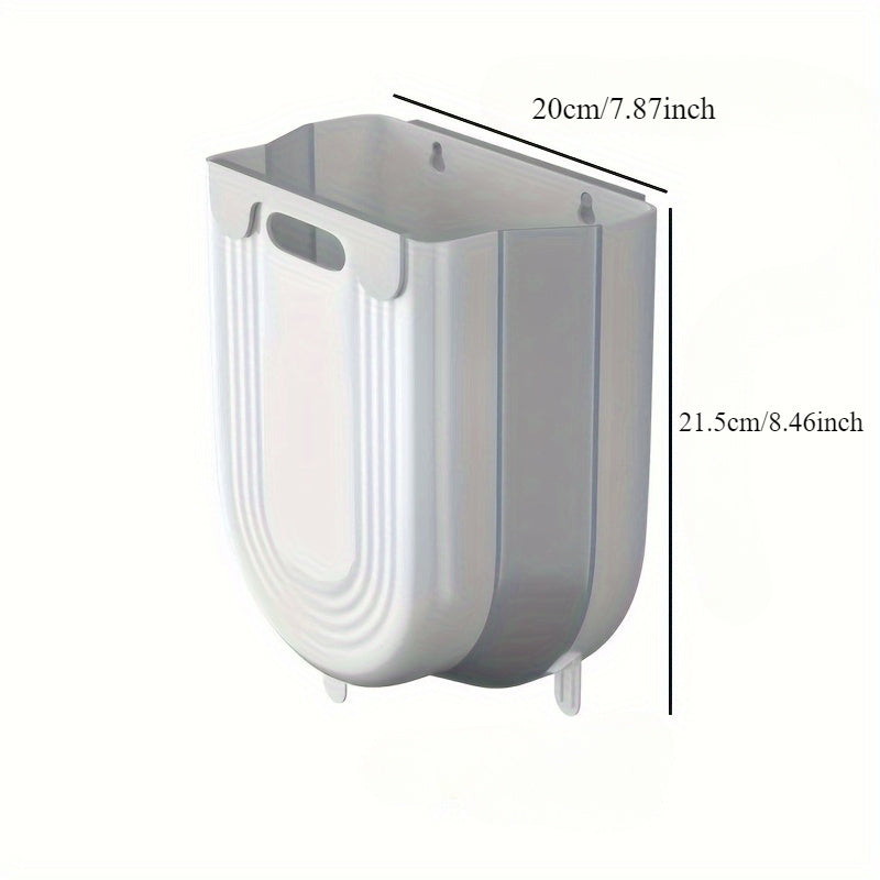 Compact folding plastic trash can for household use in various locations such as home, car, bedroom, and bathroom.