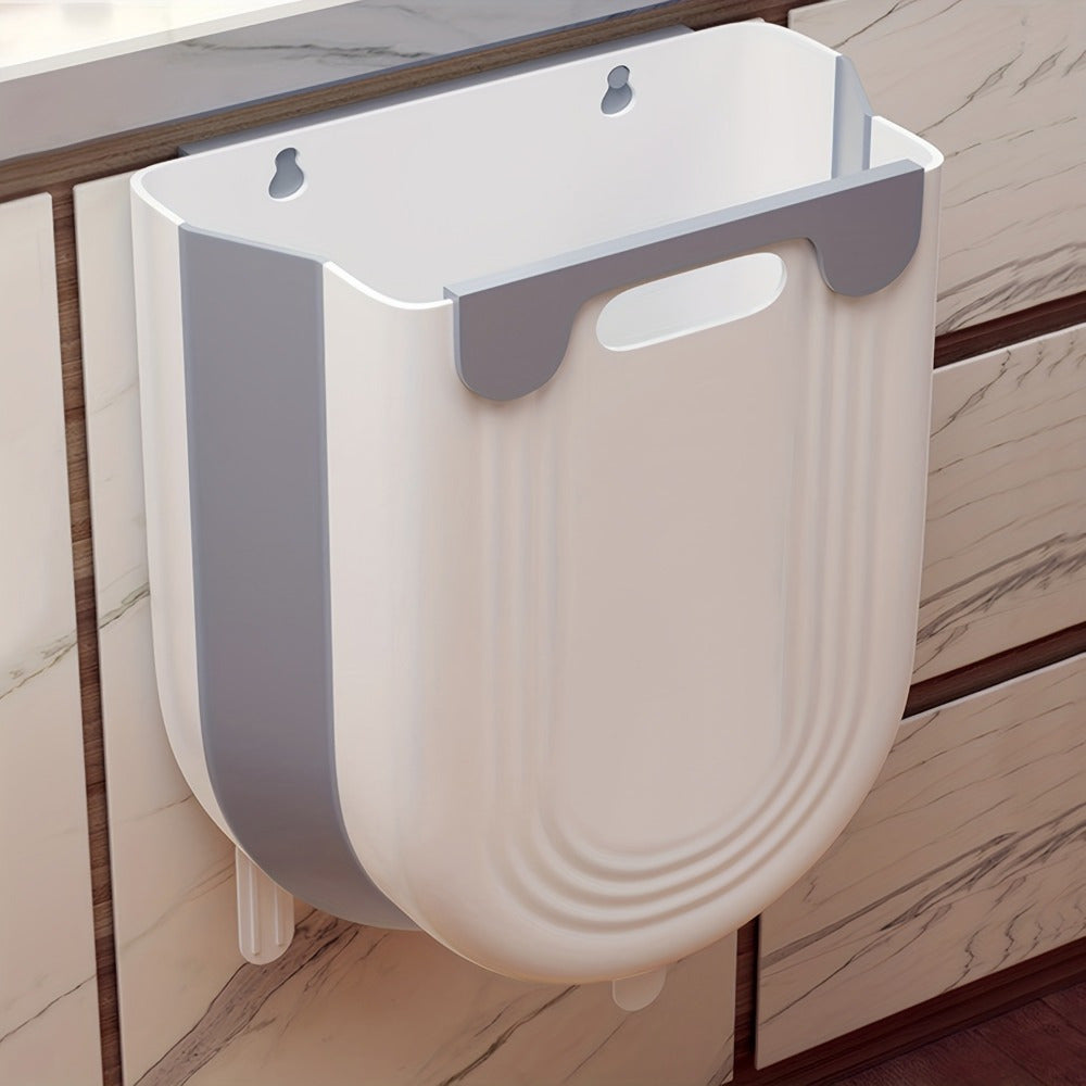 Compact folding plastic trash can for household use in various locations such as home, car, bedroom, and bathroom.