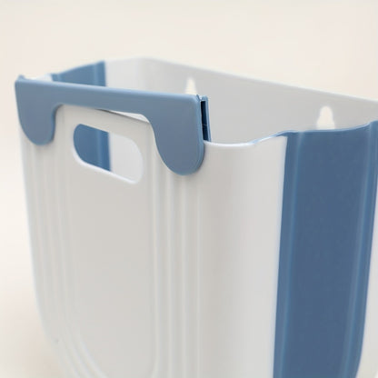 Compact folding plastic trash can for household use in various locations such as home, car, bedroom, and bathroom.