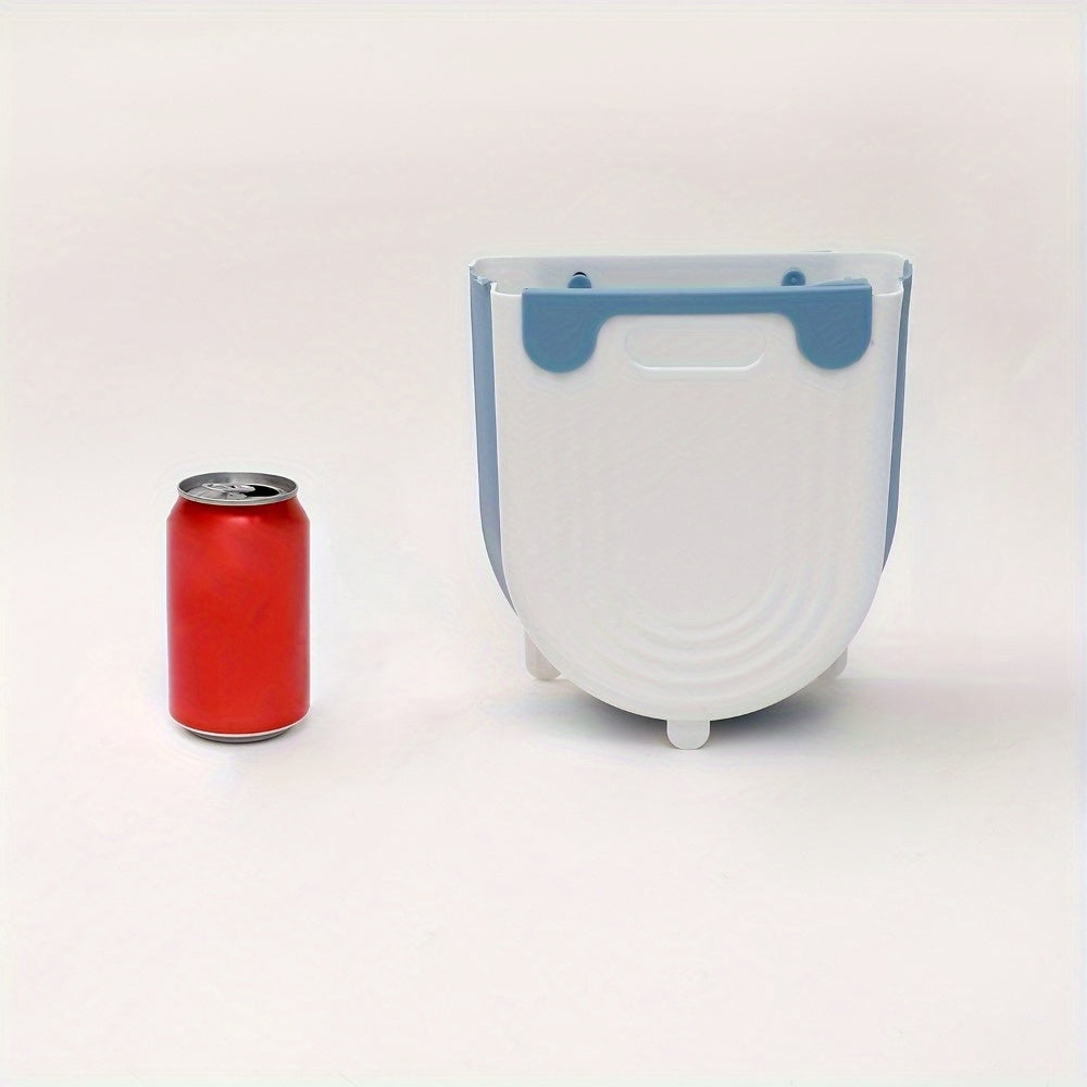 Compact folding plastic trash can for household use in various locations such as home, car, bedroom, and bathroom.